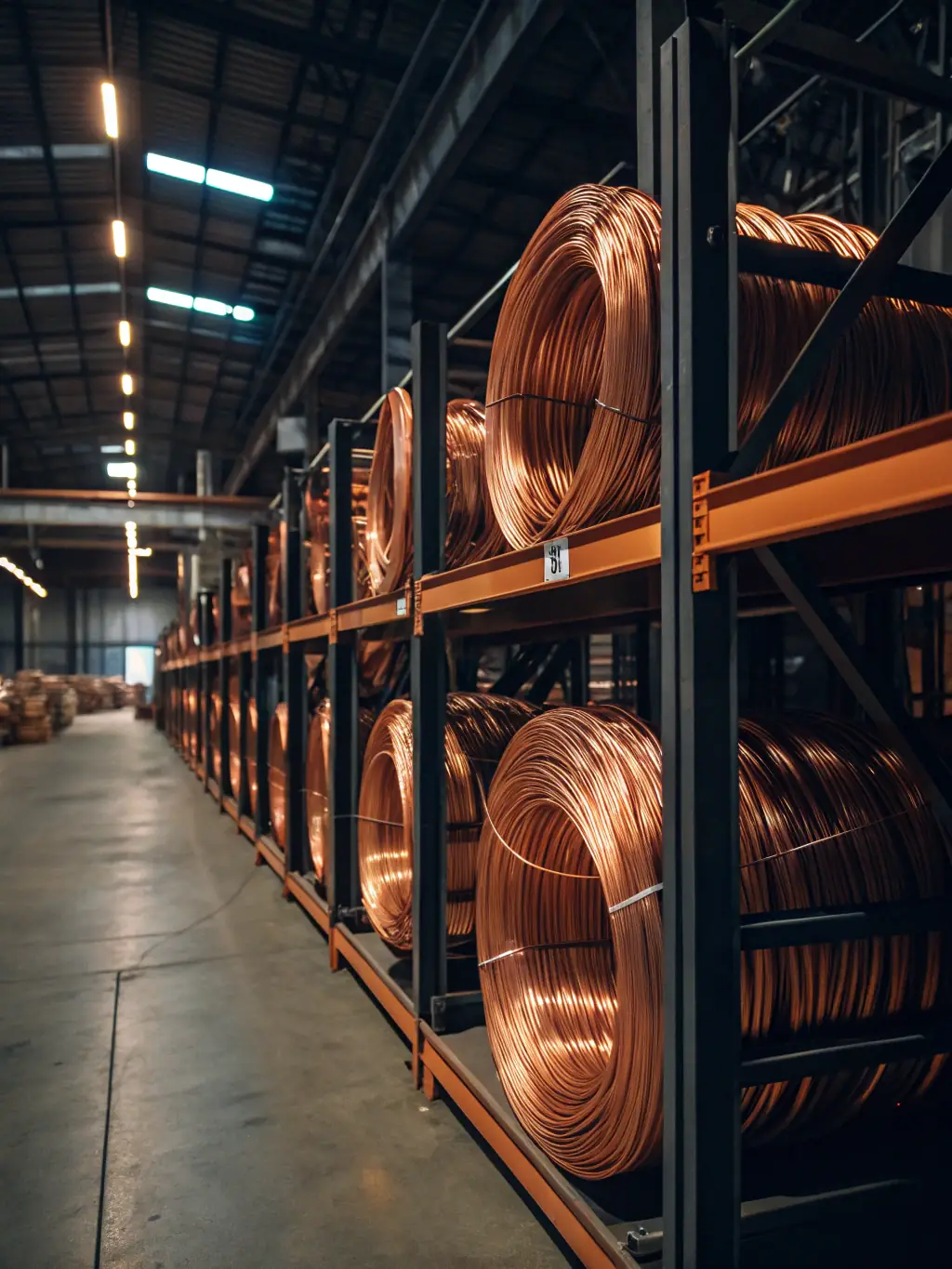 A close-up of aluminium coils and copper wires in a modern warehouse setting, emphasizing quality and variety, representing MAY ELISSAWI METAL TRADING L.L.C's Non-Ferrous & Aluminium Solutions.