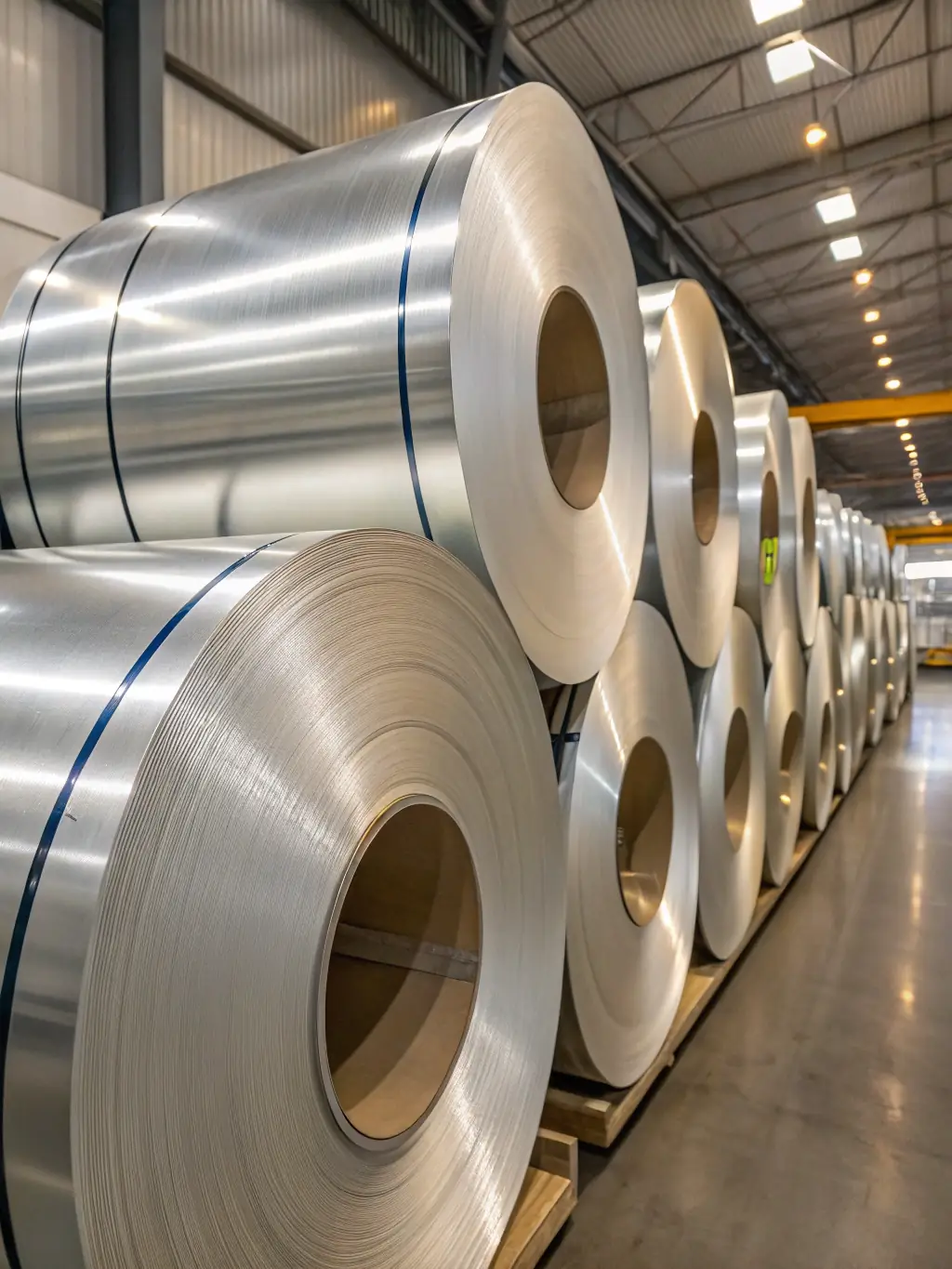 An image of steel coils and stainless steel sheets stacked in an industrial warehouse, highlighting quality and scale, representing MAY ELISSAWI METAL TRADING L.L.C's Steel & Inox Trading services.