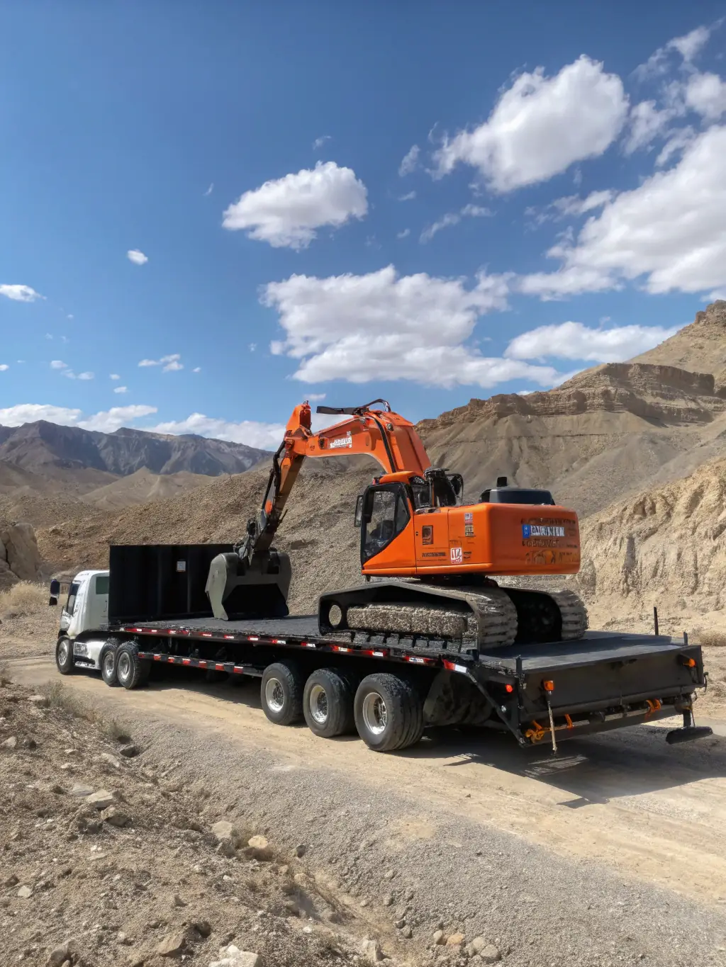 A fleet of heavy-duty trucks transporting iron ore in a desert landscape, highlighting logistics capacity, representing MAY ELISSAWI METAL TRADING L.L.C's Metal Ores Logistics services.