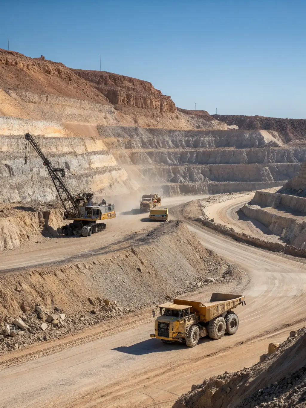 A wide shot of a mining site where metal ores are extracted, showing the scale of the operation and the natural environment from which the materials are sourced, in a trading context.