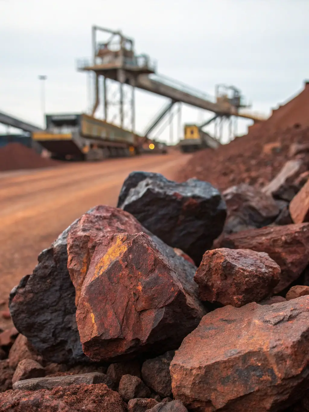A detailed close-up shot of raw iron ore rocks, showcasing their texture and color variations, placed in a trading context.