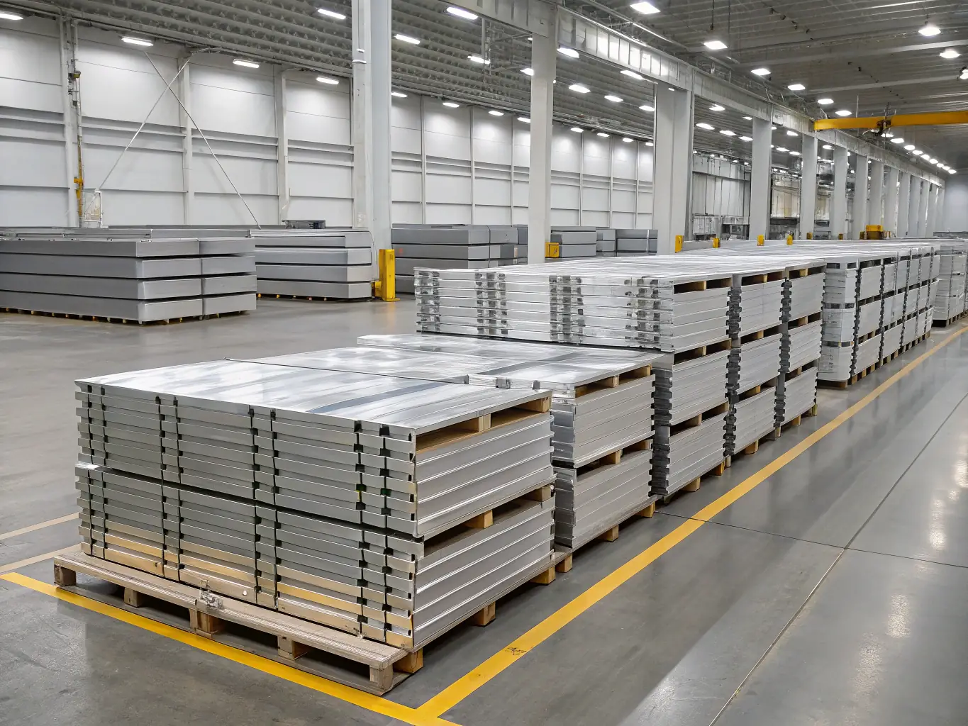 An image of neatly stacked aluminium blocks and sheets, emphasizing their lightweight and recyclable nature, in a warehouse.